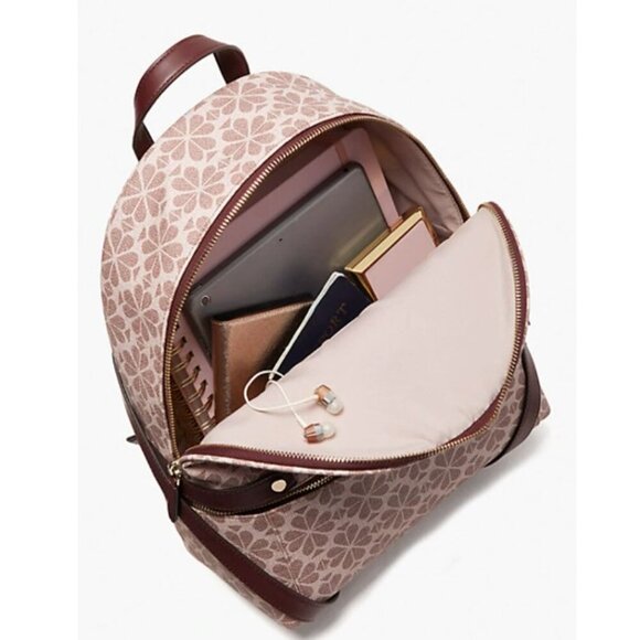 Kate Spade Large Backpack Flower Jacquard Beige Coated Canvas Leather Pockets - Picture 7 of 11